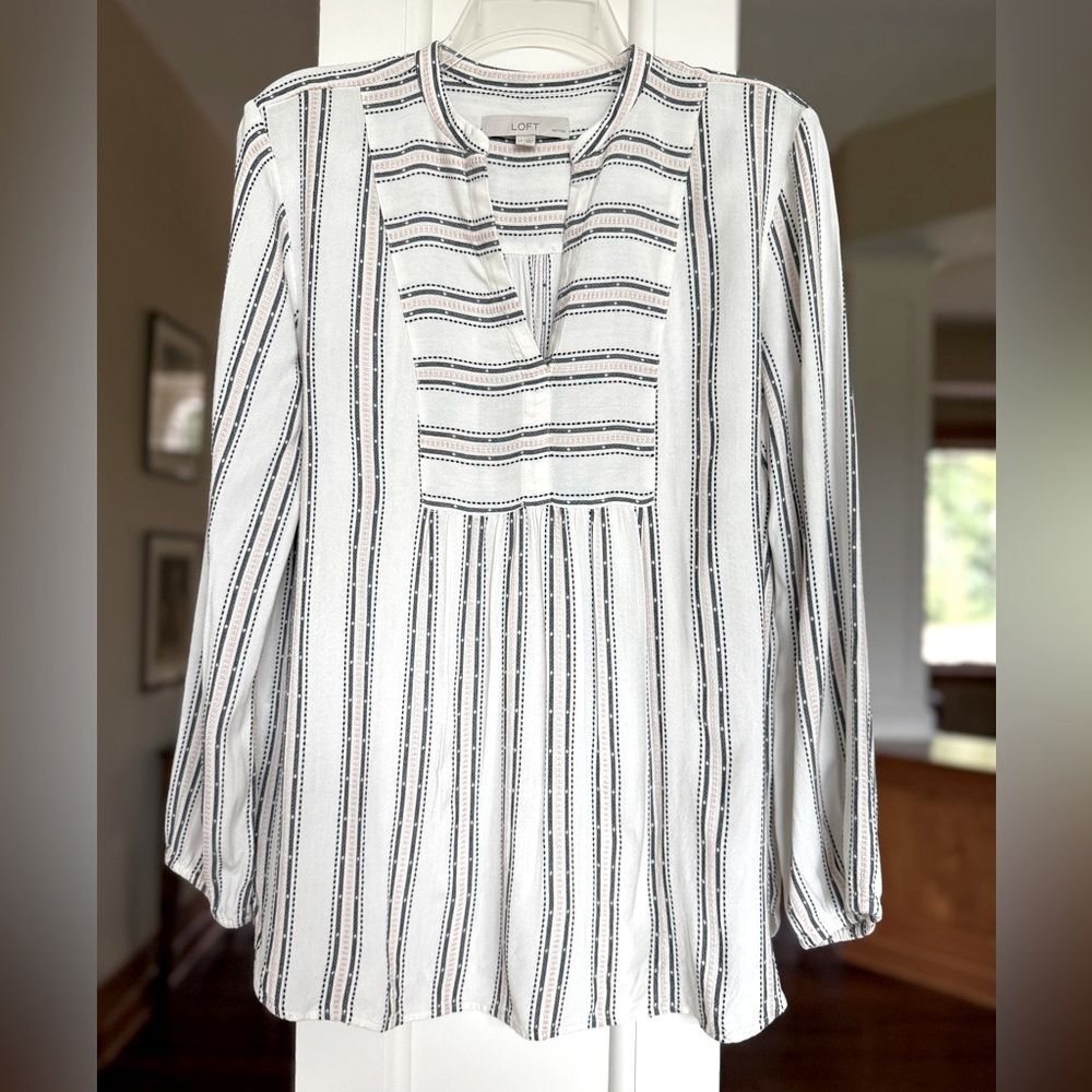 LOFT Petites LP Women's White With Pink and Black Striped Blouse.